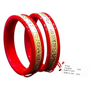 Traditional 22k Solid Gold Red Pola <b>Bangle</b> Pair Handcrafted Floral Gold Binding Coral <b>Bangles</b> <b>Indian</b> Bridal Jewelry - Product Image 2