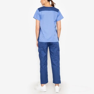Women's Blue <b>Scrub</b> Set Short Sleeve V-Neck Top With Pockets Hospital Uniform Woven Cotton Polyester Blend - Product Image 3