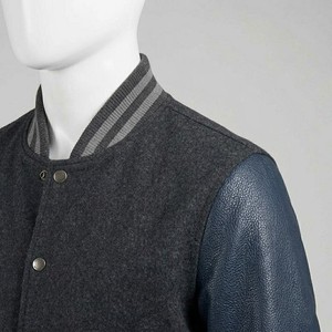 Veste universitaire en laine gris foncé pour homme avec manches en cuir, col rabattu, fermeture éclair, vêtement décontracté pour l'automne - Product Image 4