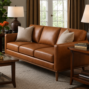 Modern Genuine Leather Three Seat <b>Sofa</b> With Wood Legs Tight Back Straight Arms Living Room Furniture Leather <b>Sofa</b> - Product Image 1