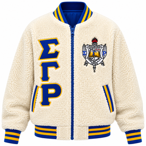 Chaqueta Varsity Sherpa para Mujer, Bordada con el Escudo de Sigma Gamma Rho, Cierre Completo, Cuello Alto, Ribete Grueso Azul y Amarillo, Ropa de Invierno - Product Image 6