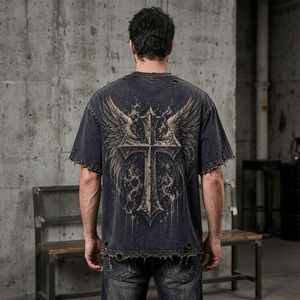 Camiseta Oversize Personalizada con Gráficos para Hombre, Estilo Vintage Desgastado con Alas Cruzadas, Streetwear, Lavado Ácido, Impresión Personalizada - Product Image 3