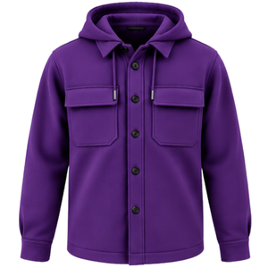 Veste shacket à capuche pour homme, violette, boutonnée, à manches longues, style utilitaire, avec poches à rabat sur la poitrine, style streetwear décontracté - Product Image 1
