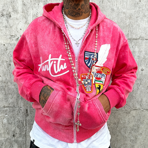Sweat à capuche zippé streetwear imprimé brodé effet vieilli, fermeture éclair de haute qualité, logo et couleur personnalisables, unisexe - Product Image 2