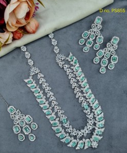 Double Layered Radiant Cut Stone Stuuded Fashion Necklace <b>Set</b> With Matching Earring Mang Tika Silver Plated Jewelry <b>Set</b> Supplier - Product Image 2