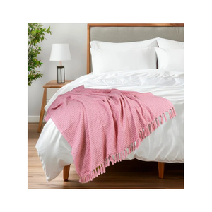 Pink Colour Tasselled Woven <b>Chenille</b> Jacquard Stripe Fleece Fabric GOTS Certified All-Season <b>Throw</b> Blanket (150cm X 130cm) - Product Image 2