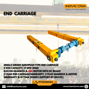 Carro final de grúa monoviga de 5 toneladas, tipo europeo, de 17 m de alcance, con caja de cambios Elecon, motor ABB y freno de CC - Product Image 1