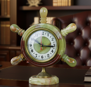 Handcrafted Green Onyx Ship's Wheel Clock - Nautical Natural Stone <b>Desk</b> <b>Ornament</b> with Brass Accents for Luxury Office Decor - Product Image 3