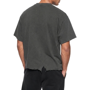 Custom <b>Charcoal</b> Grey <b>T</b> <b>Shirt</b> Heavyweight Cotton Oversized Drop Shoulder Distressed Raw Hem Streetwear Tee - Product Image 5