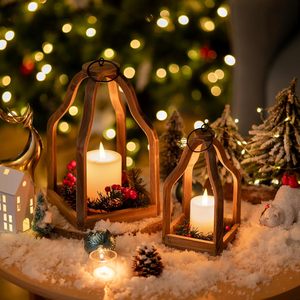 Farmhouse Decorative <b>Lantern</b> Wooden <b>Set</b> of 2 Rustic Wood <b>Lanterns</b> Candle Holder for Wedding Table Centerpieces Indoor Outdoor - Product Image 3