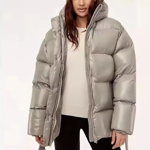 Women's Gray <b>Quilted</b> Puffer Jacket With Hood Full Sleeve <b>Winter</b> Warm Coat Solid Color Polyester Wadding Thick Design - Product Image 1