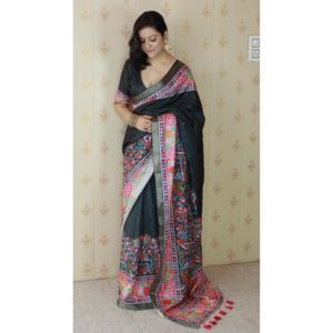 Sari en soie Tussar noire Elite Weaves avec bordure tissée Zari, imprimé floral, réversible, protection solaire, séchage rapide, hiver/été - Product Image 5