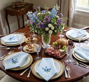 Servilletas de Tela Personalizadas al por Mayor, Bordadas con Flores Azules, Servilletas de Algodón con Dobladillo, Servilletas de Mesa Duraderas para el Hogar, Bodas y Eventos - Product Image 1