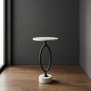 Modern White <b>Marble</b> <b>Top</b> <b>Side</b> <b>Table</b> with Black Metal Sculptural Pedestal Base Contemporary Accent Furniture for Home Decor - Product Image 4