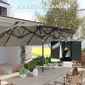 Ombrellone da Esterno a Doppia Faccia con Luci Solari e Base, Raggio 3m, per Tavolo da Pranzo, Grigio, con Pulsante di Inclinazione per Giardino e Cortile - Product Image 5