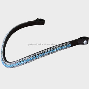 Diadema de cuero para caballo con forma de onda, con tres filas de cristales azules y blancos, diseño personalizado, con cierre de botón a presión. - Product Image 4