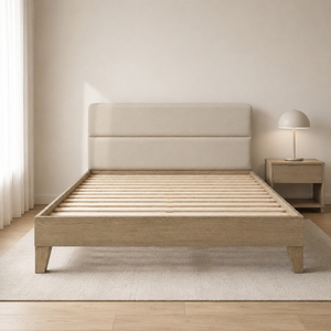 Fabricant OEM/ODM de meubles, lit plateforme en bois de chêne massif avec tête de lit capitonnée, design minimaliste, fabriqué au Vietnam - Product Image 1