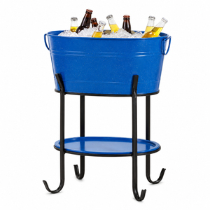 Galvanized Metal Beverage Tub with Stand and Bottom Tray Oval Ice Bucket <b>Drink</b> <b>Cooler</b> for Wine Beer Outdoor Party Bar Supplies - Product Image 1