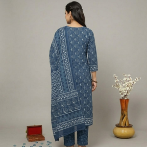 Indigo White Floral Cotton Kurti Sarong <b>Pyjama</b> Set | High Quality Hand Block Print Women Resort Wear | Ethnic Handmade Outfit - Product Image 3