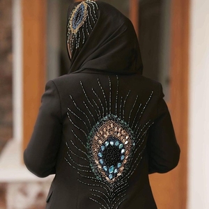 Blazer artisanal motif hippocampe pour femme, veste de costume formelle à bordure contrastante, smoking de soirée, tenue de soirée à motif aquatique - Product Image 1