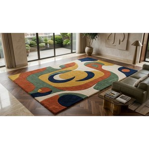 Tapis en laine tufté à la main abstrait multicolore, jaune moutarde, vert rouille, bleu marine, ivoire, à poils ras, pour décoration moderne de salon - Product Image 1
