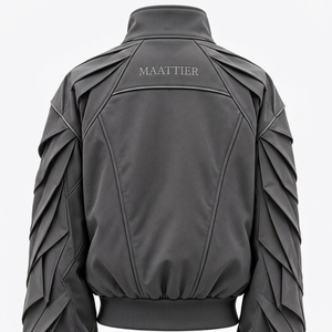 Blouson Bomber Gris Anthracite pour Femme, Manches Plissées Sculptées, Col Montant, Fermeture à Boutons Pression, Poignets Côtelés, Fabricant Personnalisé en Gros - Product Image 2