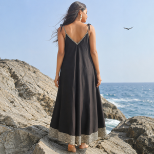 Women's <b>Black</b> Boho <b>Kaftan</b> Maxi <b>Dress</b> V-Neck Batwing Sleeves Contrast Hem 100% Cotton Breathable Lightweight Summer Beach Casual - Product Image 2