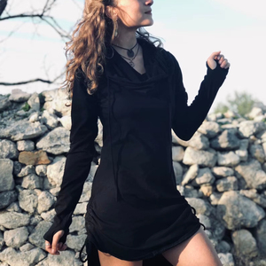 เดรสฮู้ดดี้คอวูลเทรนดี้สุดฮิตปี 2026 ผ้าฝ้ายทรงทูนิค มีรูสอดนิ้วโป้ง สไตล์โบฮีเมียน เสื้อผ้าผู้หญิงลำลอง เดรสเสื้อฮู้ด - Product Image 1