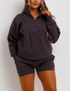 Custom OEM Logo Quick Dry Tracksuit Half Zip Women's Two Piece <b>Set</b> Oversized Sweatshirt & <b>Sexy</b> Hot Shorts Pant Cotton/Poly Blend - Product Image 3