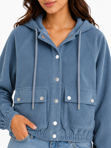 เสื้อแจ็คเก็ตผู้หญิง Livster Premium รุ่น Winter Blue Corduroy แบบมีฮู้ด ผ้าคอร์ดูรอยเนื้อนุ่ม สไตล์ลำลอง ตัวเสื้อแบบครอป ติดกระดุมแป๊กด้านหน้า พร้อมเชือกผูก - Product Image 4