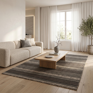 Tapis en laine tufté à la main noir graphite rayé ivoire, tapis géométrique texturé fait main, antidérapant, écologique, à poils épais pour - Product Image 3