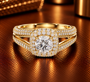 แหวนเพชรทรงกลมเพาะเลี้ยงในห้องปฏิบัติการ ทอง 14K 18K ดีไซน์วงแหวนสองชั้นแบบ Halo ประดับเพชรแบบ Pave ด้านข้างแหวนแบบ Split Shank สี DEF ระดับความสะอาด VVS เครื่องประดับชั้นดี แหวนหมั้น ODM - Product Image 1