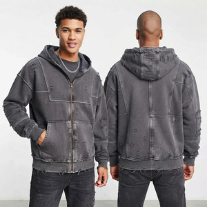 Veste à capuche en jean coupe décontractée pour homme – Veste streetwear délavée avec design multi-poches - Product Image 3