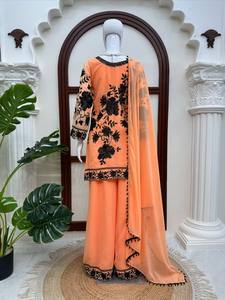 Luxury Peach Orange Georgette Palazzo Suit Set Heavy Black Floral Embroidery <b>Sequin</b> Kurti Palazzo <b>Pant</b> Set with Dupatta Indian - Product Image 5
