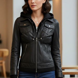 Veste en cuir d'hiver pour femmes, texture lisse, vêtement décontracté à la mode - Product Image 3