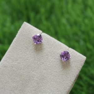 Cushion Cut Natural Amethyst Stud <b>Earrings</b> 925 Sterling Silver <b>Handmade</b> Purple Gemstone Jewelry Gift For Women - Product Image 2