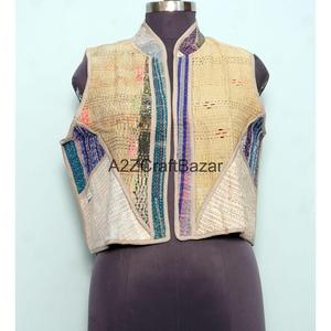 100% Cotton <b>Kantha</b> Waistcoat for Women Handmade Unique Winter Sleeveless Vest with Patchwork Fabric Vest-Coat Design - Product Image 6