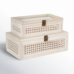 Elegant Set Of 2 Rattan And Wooden <b>Storage</b> <b>Boxes</b> <b>For</b> Food Clothes Paper And Home Organization Multipurpose Use <b>Decorative</b> Box - Product Image 1