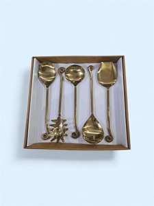 Gold Plated Serving Spoon Set <b>Mirror</b> Finish Long Handle Vintage Design Metal Utensils Gift Boxed - Product Image 5