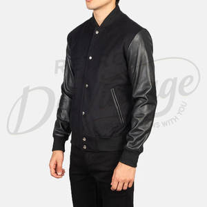 Chaqueta Varsity Negra de Lana para Hombre, Mangas de Cuero Genuino, Cierre de Botones a Presión, Puños Acanalados, Chaqueta Casual Premium de Dos Tonos - Product Image 4