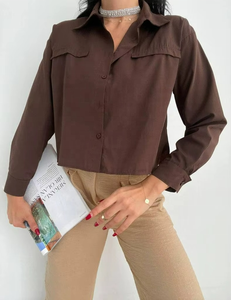 Women Cropped Cotton Woven Shirt Vintage Simple Breathable Long Sleeves Button-up Blouse Chic Tops Casual Summer Fashion <b>Brown</b> - Product Image 3