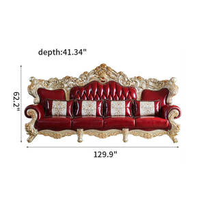 Sofá de cuero rojo tradicional opulento, detalle de hoja de oro, diseño de madera tallada, Palacio Real inspirado para sala de estar de lujo - Product Image 3