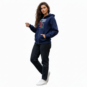Sudadera con capucha corta azul oscuro con cremallera, logotipo bordado en la parte delantera, unisex, informal, de otoño, tejida, 100% algodón, para mujer - Product Image 6