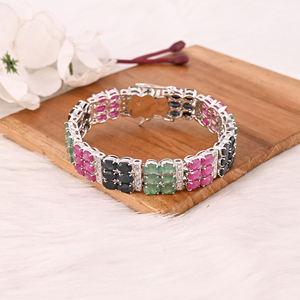 Luxury 925 Sterling Silver <b>Bracelet</b> with Natural Emerald, Black Onyx & Glass Filled <b>Ruby</b> Gemstones Designer Jewelry for Unisex - Product Image 1
