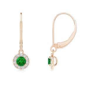 Pendientes de Oro Rosa de 14 Quilates con Esmeralda Natural y Halo de Diamantes |   Pendientes colgantes redondos de esmeralda |   Regalo de Joyería Fina de Lujo - Product Image 1