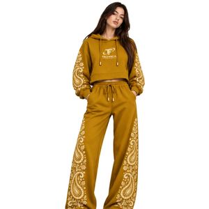 Golden Mustard Womens Paisley Print <b>Crop</b> Hoodie Wide Leg Pants Two Piece Tracksuit Casual Streetwear Loose Fit <b>Jogger</b> Outfit Set - Product Image 1
