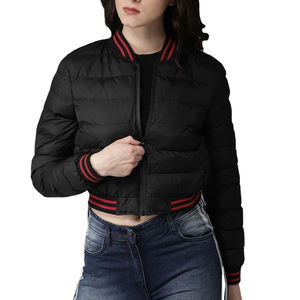 Blouson bomber unisexe noir avec bordure rouge, fermeture éclair, coupe-vent, rembourrage en polyester, décontracté, longueur courte, col rabattable - Product Image 6