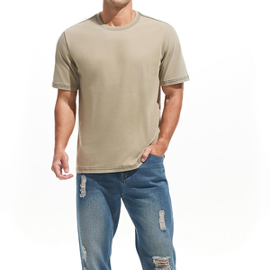 <b>Men's</b> <b>Khaki</b> Short Sleeve O-Neck Knitted <b>T</b>-<b>Shirt</b> Solid Color Casual Wear Regular Fit Breathable 100% Cotton Jersey - Product Image 2