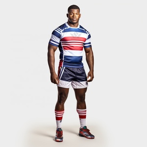 Ensemble de maillot de rugby personnalisé pour homme, rayé bleu, rouge et blanc, manches courtes, polyester sublimé anti-transpiration - Product Image 1