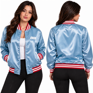 Chaqueta de satén para mujer con ribetes rojos y azules, cierre frontal con broches, cuello tricolor, cortavientos azul cielo, abrigo sedoso, venta al por mayor, directo de fábrica, OEM - Product Image 1